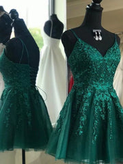 Party Dress For Night, Short V Neck Green Lace Prom Dresses, Backless Short V Neck Green Lace Formal Homecoming Dresses