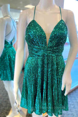 Bridesmaids Dress Gold, Short V Neck Green Sequins Prom Dresses, V Neck Green Sequins Formal Homecoming Dresses