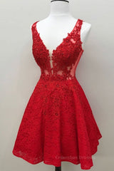 Party Dress Designs, Short V Neck Lace Prom Dresses, Short Red V Neck Lace Homecoming Graduation Dresses