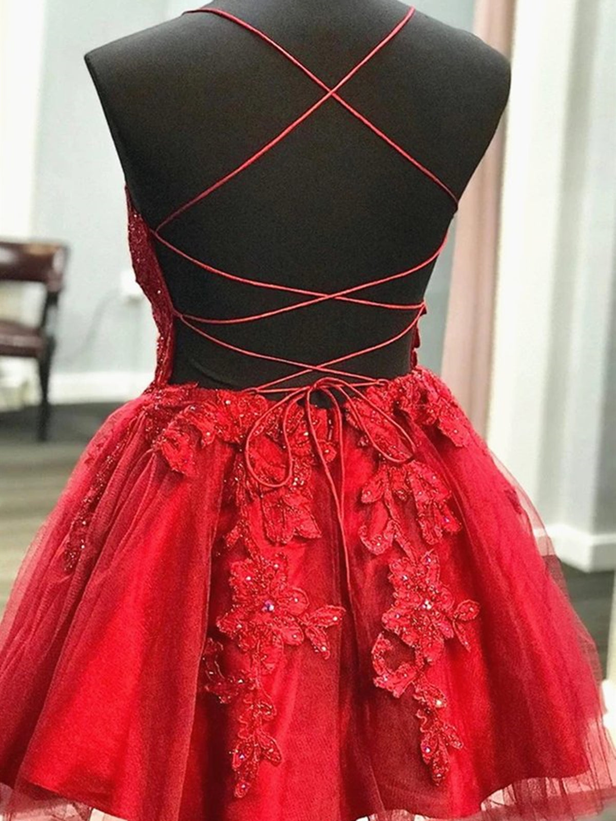Party Dress Aesthetic, Short V Neck Red Lace Prom Dresses, V Neck Short Red Lace Graduation Homecoming Dresses