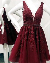 Prom Dresses Simple, Short V-neck Tulle Prom Homecoming Dresses Lace Embroidery
