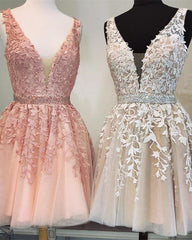 Prom Dress With Slits, Short V-neck Tulle Prom Homecoming Dresses Lace Embroidery