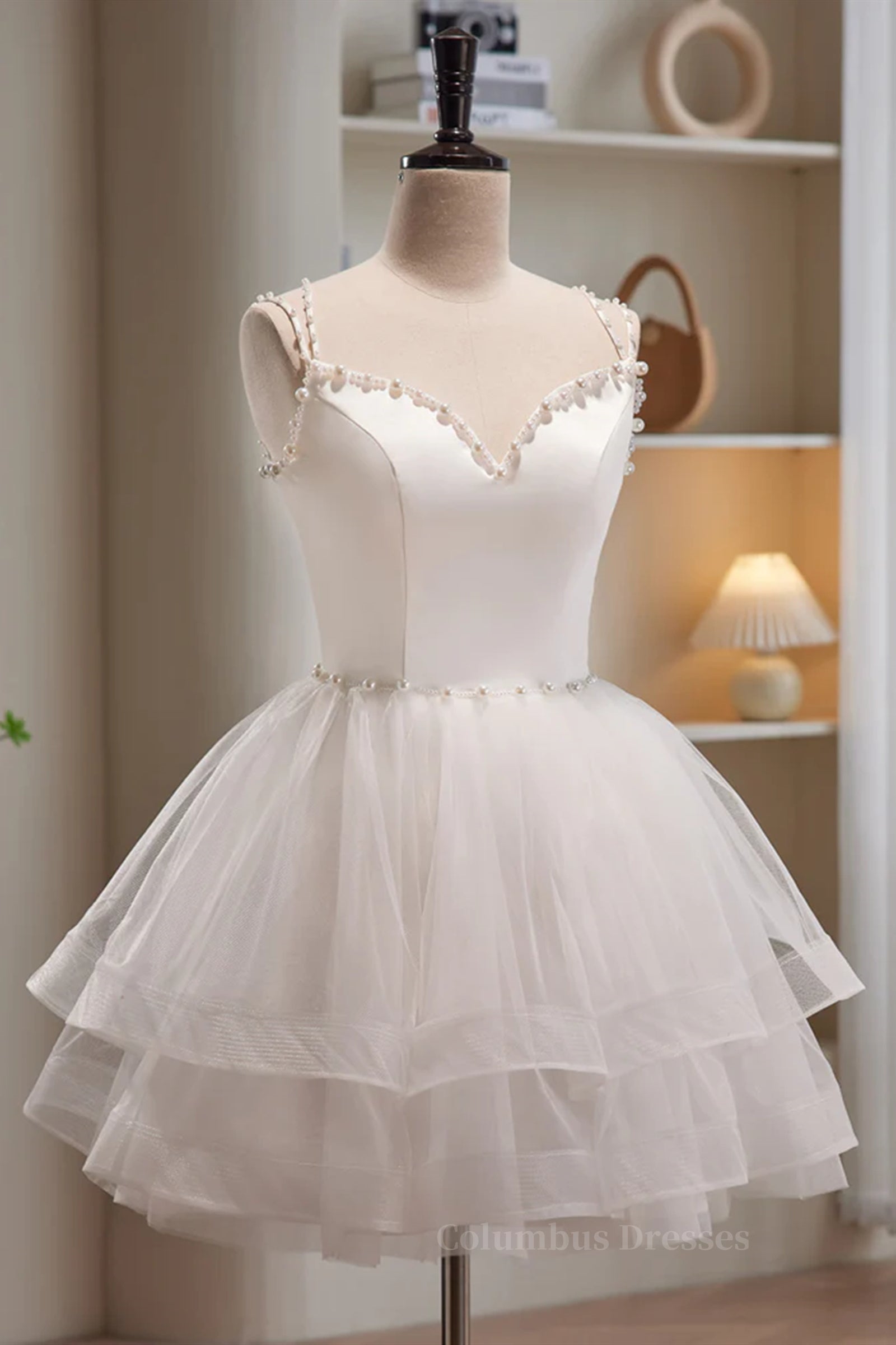 Cute Dress, Short V Neck White Prom Dresses, Short V Neck White Formal Homecoming Dresses