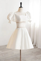 Bridesmaid Dress Long, Short White Beaded Prom Dresses, Short White Beaded Formal Homecoming Dresses
