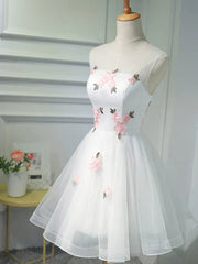 Ball Dress, Short White Floral Prom Dresses, Short White Floral Formal Homecoming Dresses