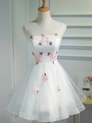 Bridal Shoes, Short White Floral Prom Dresses, Short White Floral Formal Homecoming Dresses