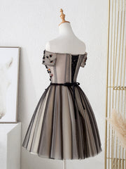 Bridesmaid Dress With Lace, Cute Tulle Short Prom Dress with Flowers, Black Tulle Party Dress