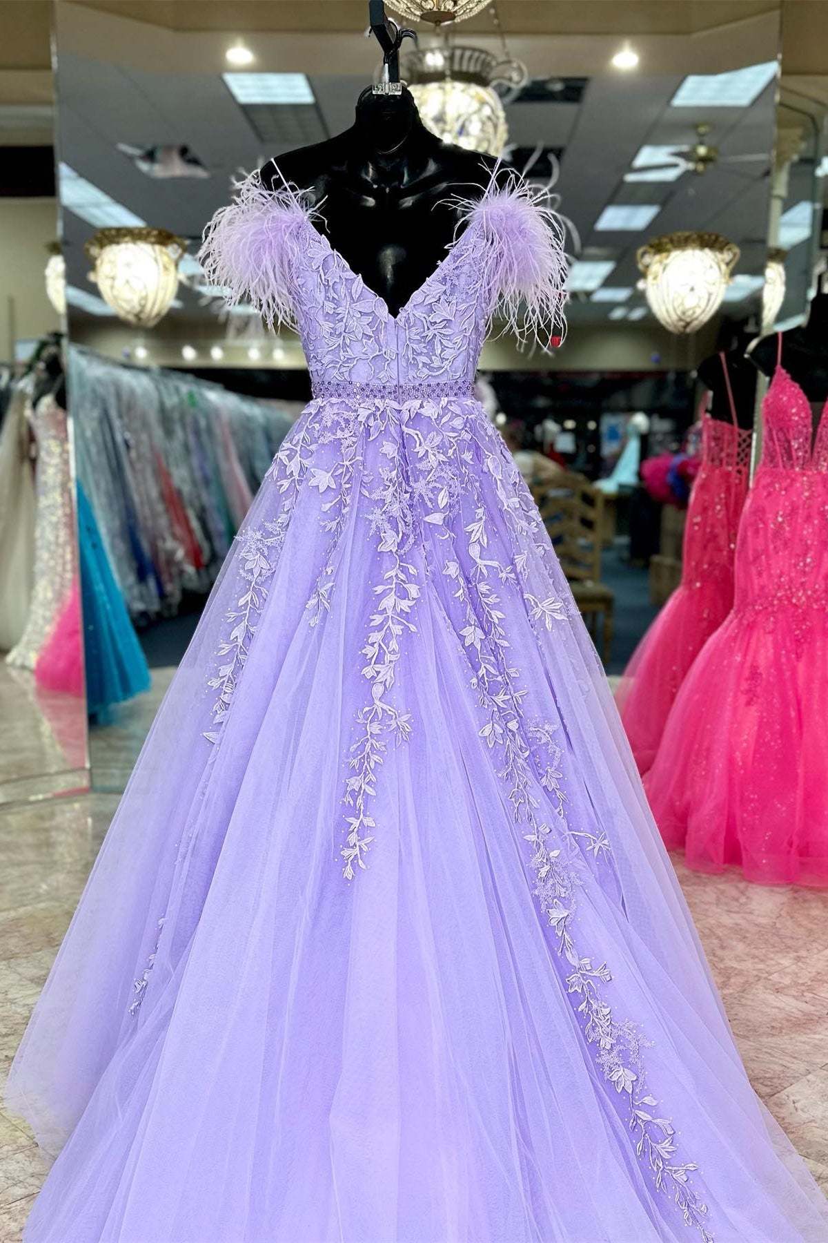 Party Dresses Lace, Lavender Appliques Feather Off-the-Shoulder A-Line Prom Gown