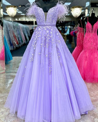 Party Dress Lace, Lavender Appliques Feather Off-the-Shoulder A-Line Prom Gown