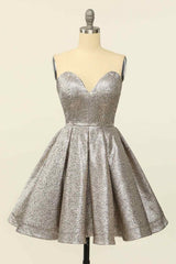 Wedding Decor, Silver A-line Strapless Sweetheart Lace-Up Back Mini Homecoming Dress