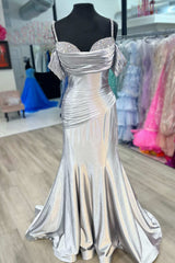 Evening Dresses Long, Silver Cold Sleeves Beaded Ruched Mermaid Prom Dress