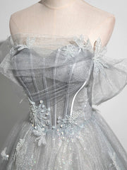 Summer Dress, Silver Gray Tulle Lace Prom Dresses, Silver Gray Long Lace Formal Evening Dresses