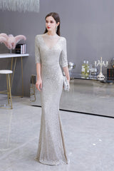 Bridesmaid Dresses Tulle, Silver Long sleeves Long Prom Dresses