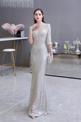 Bridesmaid Dress Tulle, Silver Long sleeves Long Prom Dresses