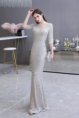 Bridesmaids Dress Chiffon, Silver Long sleeves Long Prom Dresses