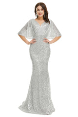 Party Dress And Gown, Sequins Mermaid Cape Sleeves V Neck Prom Dresses