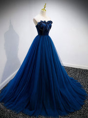 Party Dress For Ladies, Simple A Line Blue Tulle Long Prom Dress, Blue Tulle Formal Dress