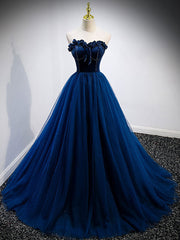 Party Dresses Fall, Simple A Line Blue Tulle Long Prom Dress, Blue Tulle Formal Dress