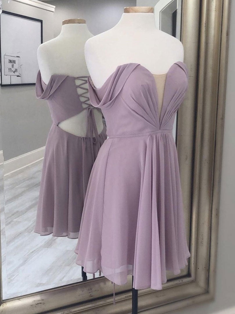 Homecoming Dresses Lace, Simple A-line chiffon short prom dress, chiffon bridesmaid dress