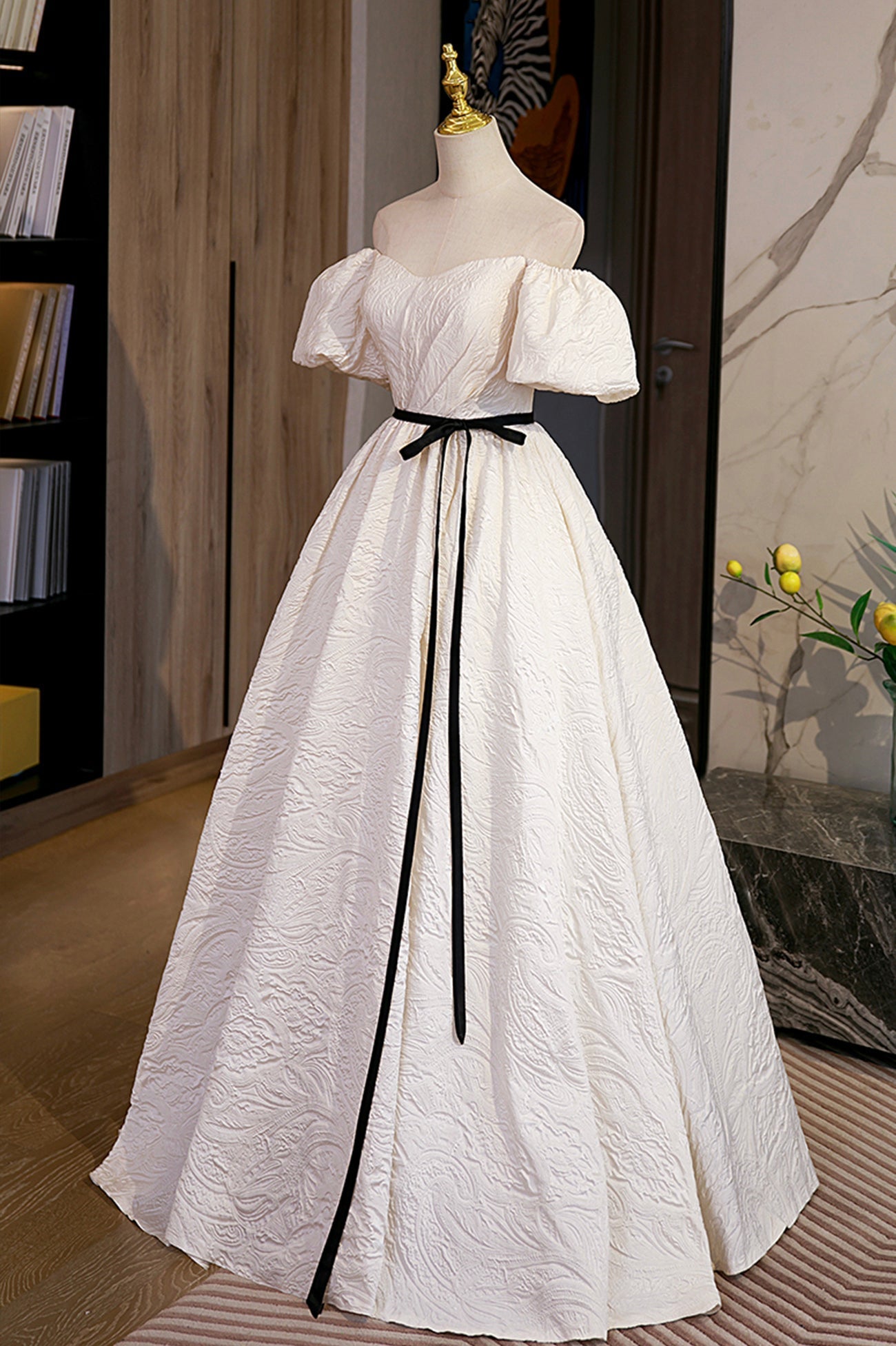 Short Dress Style, Simple A-Line Jacquard Fabric Long Prom Dress, Off the Shoulder Evening Dress