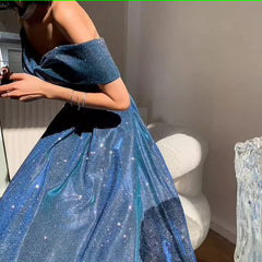 सिंपल ए लाइन ऑफ द शोल्डर ब्लू प्रोम ड्रेसेस इवनिंग ड्रेस