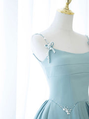 Prom Dress Blue Lace, Simple A Line Satin Long Prom Dress, Blue Long Bridesmaid Dress