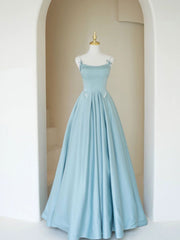 Prom Dresses Blue Lace, Simple A Line Satin Long Prom Dress, Blue Long Bridesmaid Dress