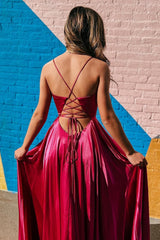 Simple A Line Spaghetti Straps Burgundy Long Prom Dress with Criss Cross Back
