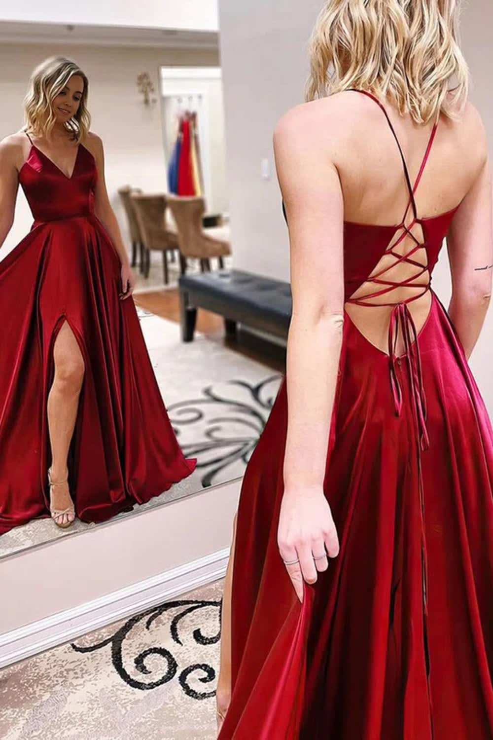 Simple A Line Spaghetti Straps Burgundy Long Prom Dress with Criss Cross Back