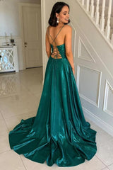 Simple A Line Spaghetti Straps Dark Green Long Prom Dress with Criss Cross Back