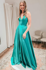 Simple A Line Spaghetti Straps Green Long Prom Dress with Slit
