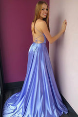 Simple A Line Spaghetti Straps Purple Long Prom Dress with Criss Cross Back
