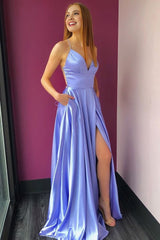 Simple A Line Spaghetti Straps Purple Long Prom Dress with Criss Cross Back