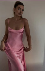 Simple A Line Straps Vestido de fiesta sin mangas de satén de satén rosado