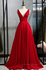 Party Dress With Glitter, Simple A Line V Neck and V Back Red Satin Long Prom Dress, Cheap V Neck Red Formal Graduation Evening Dress