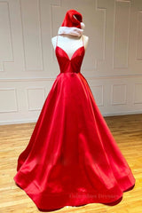Navy Blue Dress, Simple A Line V Neck Backless Red Long Prom Dress, Backless Red Fromal Dress, Red Evening Dress