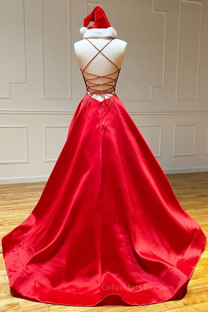 Black Gown, Simple A Line V Neck Backless Red Long Prom Dress, Backless Red Fromal Dress, Red Evening Dress
