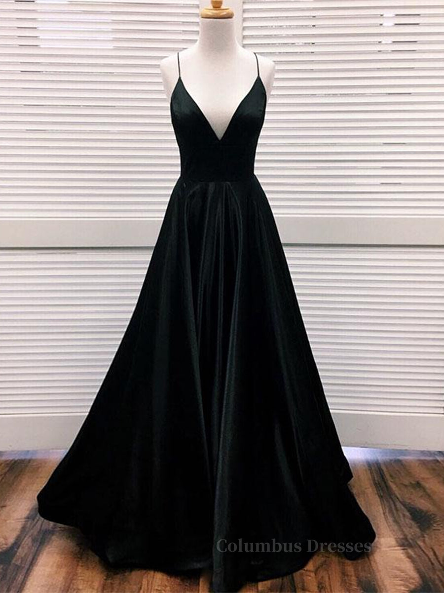 Prom Dressed Long, Simple A Line V Neck Black Satin Long Prom Dresses, Black Formal Dresses, Evening Dresses 2019