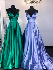 Formal Dresses Winter, Simple A Line V Neck Emerald Green Blue Long Prom Dresses, Simple Satin Long Formal Evening Dresses