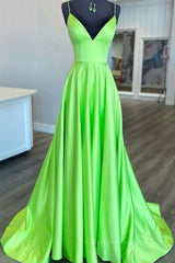 Bridesmaid Dresses Color Palette, Simple A Line V Neck Green Satin Long Prom Dress, V Neck Green Formal Graduation Evening Dress