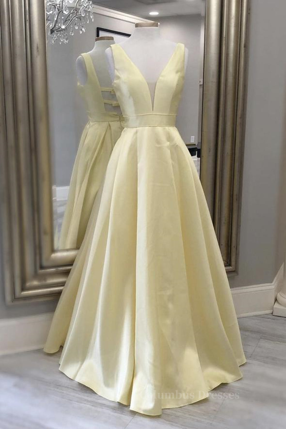 Party Dress Australian, Simple A Line V Neck Open Back Yellow Long Prom Dresses, Yellow Formal Evening Dresses