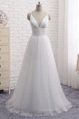 Wedding Dresses Wedding Dresses, Simple A Line V Neck White Wedding Dresses, V Neck White Tulle Prom Formal Dresses