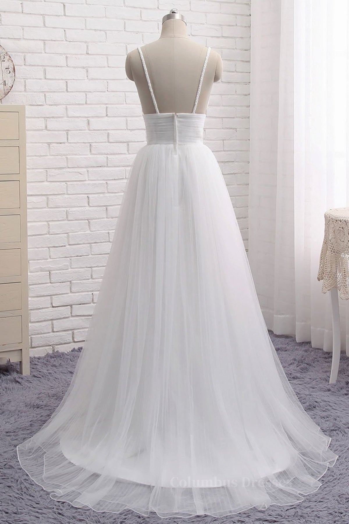 Wedding Dresses No Sleeves, Simple A Line V Neck White Wedding Dresses, V Neck White Tulle Prom Formal Dresses