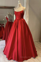 Prom Dresses Photos Gallery, Simple Backless Red Satin Long Prom Dress, Backless Red Formal Dress, Red Evening Dress