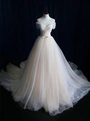 Wedding Dress The Bride, Simple Ball Gown Lace-up Ivory Tulle Off-the-shoulder Wedding Party Dress, Ivory Formal Dress