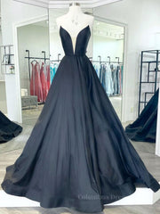 Homecoming Dresses Chiffon, Simple black satin long prom dress, black evening dress