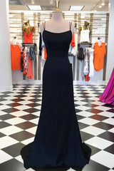 Homecoming Dresses Modest, Simple Black Satin Sheath Spaghetti Straps Long Prom Dresses, Evening Gown