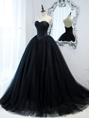 Winter Wedding, Simple Black Sweetheart Neck Tulle Long Prom Dress, Black Evening Dresses