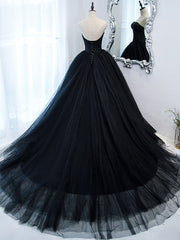 Bridal Shower Games, Simple Black Sweetheart Neck Tulle Long Prom Dress, Black Evening Dresses