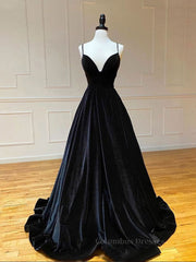 Winter Formal, Simple Black velvet long prom dress, black evening dress